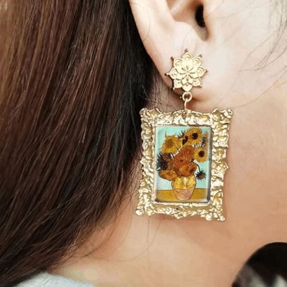 Gold Vincent van Gogh "Sunflowers 1887" Portrait Dangle Earrings - Picture 2 of 2